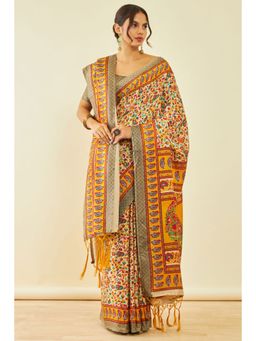Soch - Womens Yellow Pashmina Paisley Print Saree with Shawl and with Unstitched Blouse