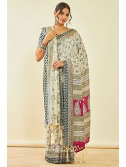 Soch - Womens Cream Pashmina Floral Print Saree with Shawl and with Unstitched Blouse