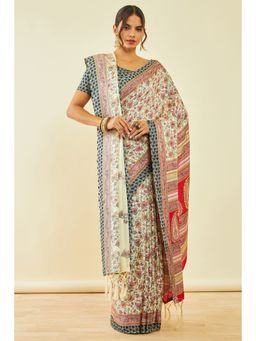 Soch - Womens Cream Pashmina Floral Print Saree with Shawl and with Unstitched Blouse