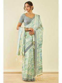 Soch - Womens Blue Pashmina Floral Print Saree with Shawl and with Unstitched Blouse