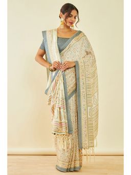 Soch - Womens Cream Pashmina Paisley Print Saree with Shawl and with Unstitched Blouse