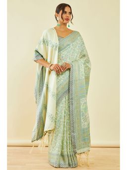Soch - Womens Blue Pashmina Botanical Paisley Print Saree with Shawl and with Unstitched Blouse