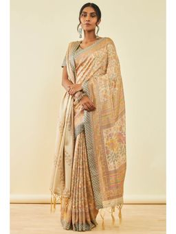 Soch - Womens Beige Pashmina Floral Print Saree with Shawl and with Unstitched Blouse