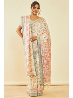 Soch - Womens Cream Pashmina Floral Print Saree with Shawl and with Unstitched Blouse
