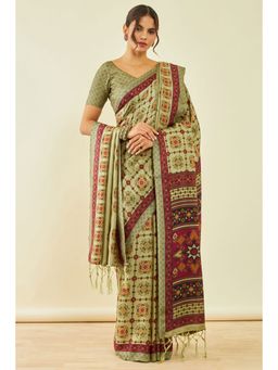 Soch - Womens Olive Pashmina Geometric Print Saree with Shawl and with Unstitched Blouse
