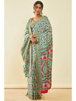 Soch - Womens Blue Pashmina Floral Print Saree with Shawl and with Unstitched Blouse