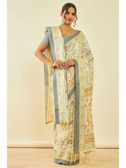 Soch - Womens Cream Pashmina Paisley Print Saree with Shawl and with Unstitched Blouse