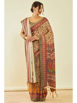 Soch - Womens Beige Pashmina Floral Print Saree with Shawl and with Unstitched Blouse