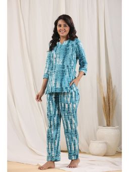 Rain & Rainbow - Teal Tie And Dye Printed Pure Cotton Night Suit (Set of 2)
