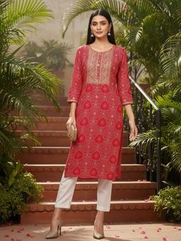 Vaamsi - Women Pink Viscose Rayon Bandhani Straight Kurta