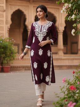 Vaamsi - Women Burgundy Viscose Rayon Embroidered Chikankari Straight Kurta