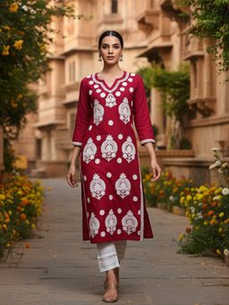 Vaamsi - Women Maroon Viscose Rayon Chikankari Straight Kurta
