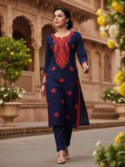 Vaamsi - Women Navy Blue Viscose Rayon Embroidered Chikankari Straight Kurta