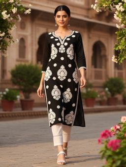 Vaamsi - Women Black Viscose Rayon Chikankari Straight Kurta