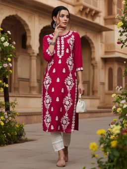 Vaamsi - Women Red Viscose Rayon Embroidered Chikankari Straight Kurta