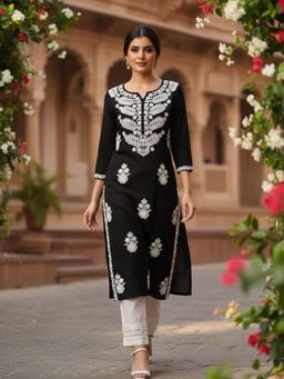 Vaamsi - Women Black Rayon Embroidered Straight Kurta