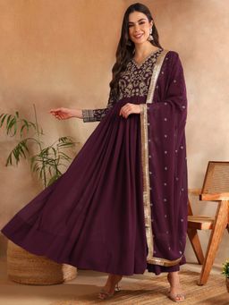 Vaamsi - Women Burgundy Georgette Embroidered Anarkali Gown with Dupatta (Set of 2)