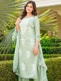Vaamsi - Women Green Embroidered Kurta with Palazzo and Dupatta (Set of 3)