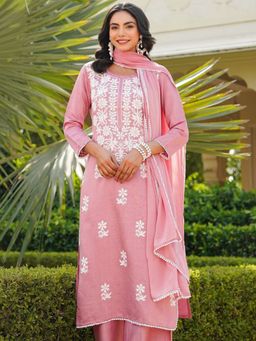 Vaamsi - Women Pink Embroidered Kurta with Palazzo and Dupatta (Set of 3)