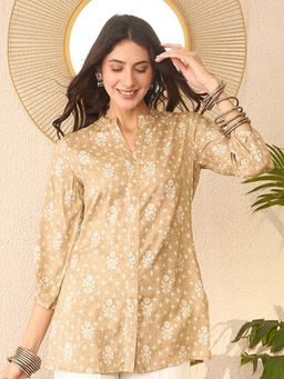 Vaamsi - Beige Cotton Blend Floral Printed Regular Top