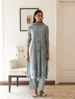 Vaayu - Powder Blue Embroidered Kurta (Set of 3)