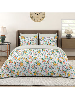 Layers - Marigold 144 TC Cotton White Floral King Bedsheet with 2 Pillow Covers