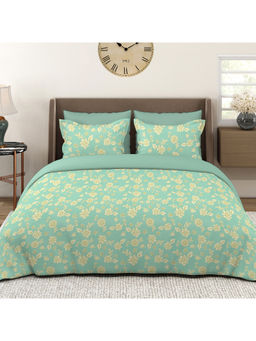 Layers - Lumina Floret 144 TC Cotton Turquoise Floral King Bedsheet with 2 Pillow Covers