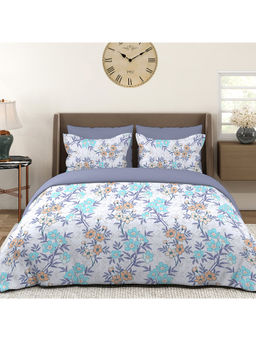 Layers - Basicx 120 TC Cotton Blue Floral Double Bedsheet with 2 Pillow Covers (Queen)