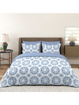 Layers - Lumina Floret 144 TC Cotton Blue Double Bedsheet with 2 Pillow Covers (Queen)