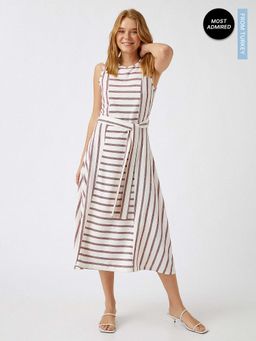 Koton - Mini Burgundy Stripes Dress With Belt