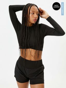 Koton - Long Sleeve Crop Top Slim Fit Asymmetrical Cut Crew Neck