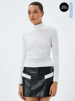 Koton - Long Sleeve T-Shirt High Neck Braid Patterned