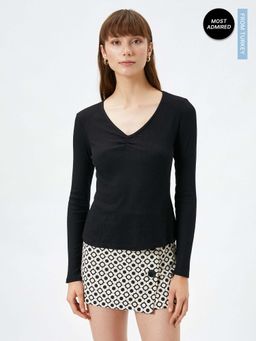 Koton - Long Sleeve V-Neck Draped Ribbed Viscose Top
