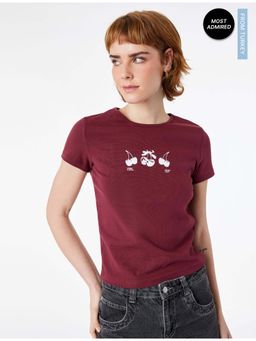 Koton - Womens Burgundy Cherry Printed T-Shirt