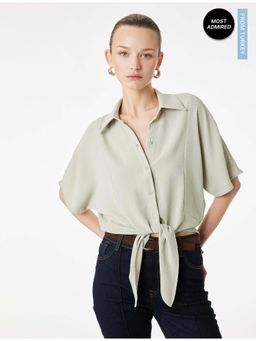Koton - Womens Green Tie Detail Crop Shirt