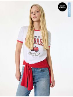 Koton - Womens White Printed Cotton T-Shirt