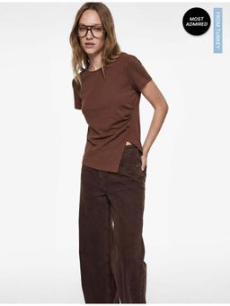 Koton - Womens Brown Slit Detail T-Shirt