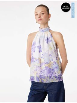 Koton - Womens Lavender Floral Halter Neck Chiffon Top