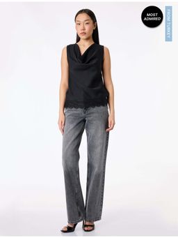 Koton - Womens Black Lace Detail Satin Top