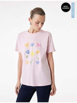 Koton - Womens Pink Tulip Printed T-Shirt