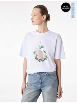 Koton - Womens White Printed Oversize T-Shirt