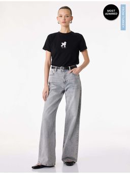 Koton - Womens Black Dog Embroidered Detail T-Shirt