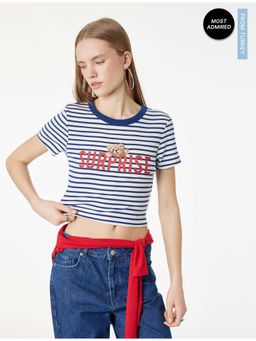 Koton - Womens Navy Blue Stripes Printed T-Shirt