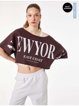 Koton - Womens Brown Printed Crop T-Shirt