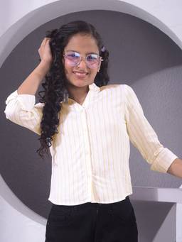 CRIMSOUNE CLUB - Girls White and Yellow Vertical Stripes Shirt