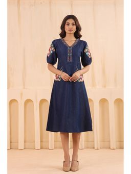 SAVI - Women Dark Blue Denim Embroidered Designer Dress