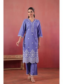 SAVI - Purple Cotton Embroidered Kurta with Pant