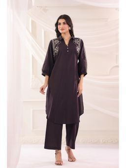 SAVI - Brown Cotton Embroidered V Neck Kurta with Pant