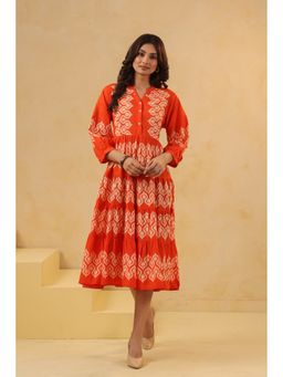 SAVI - Women Orange Cotton Printed Designer Flared Dress