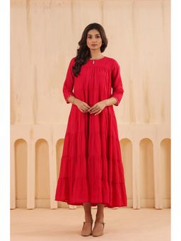SAVI - Women Red Mal Chanderi Flared Dress